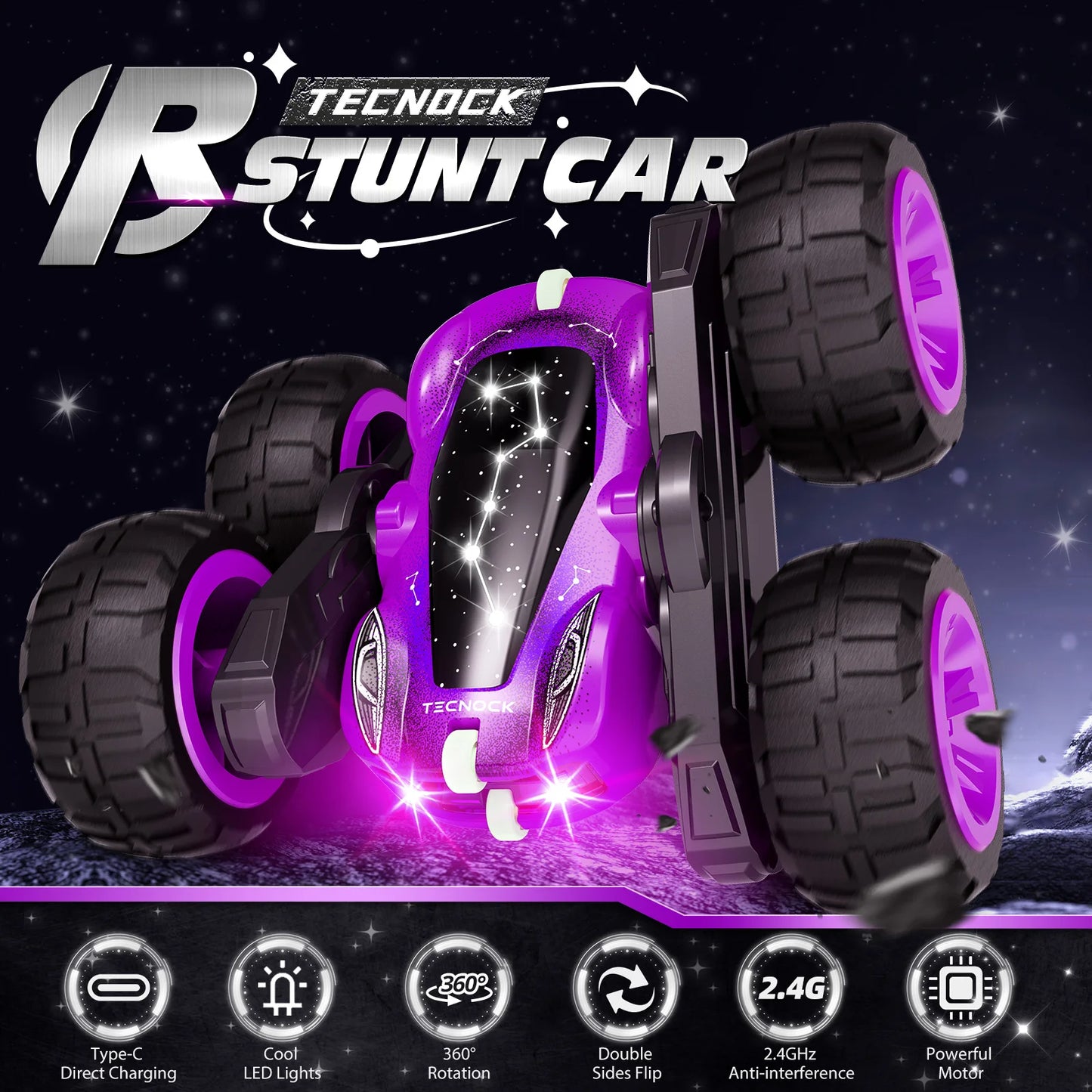 Sinovan Remote Control Car with Light&Type-C Charging,4WD Off-Road RC Cars, Double Sided Flip&360° Rotate RC Stunt Car Kid Toys