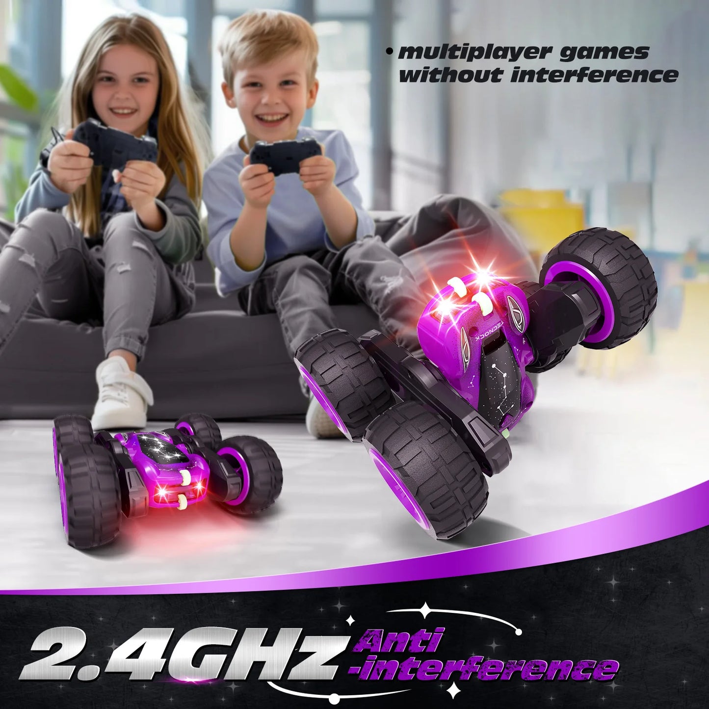 Sinovan Remote Control Car with Light&Type-C Charging,4WD Off-Road RC Cars, Double Sided Flip&360° Rotate RC Stunt Car Kid Toys